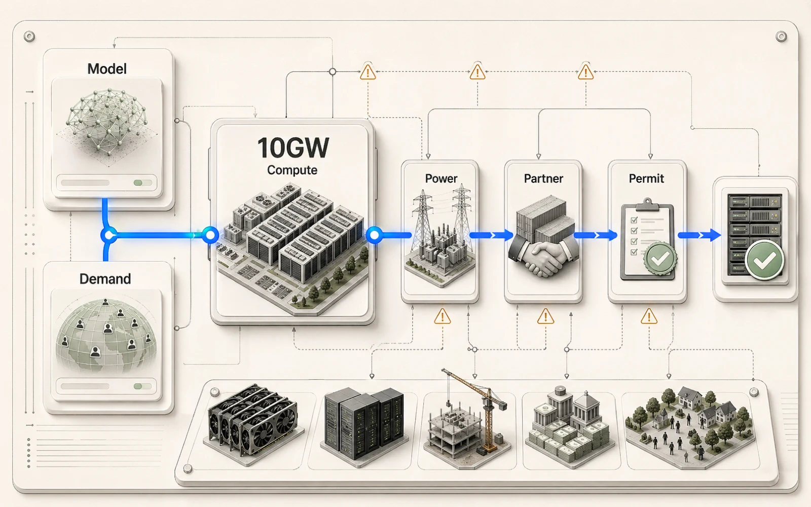 Stargate-like AI infrastructure control board 將 Model、Demand、Compute、Power、Partner 與 Permit 串成 capacity route