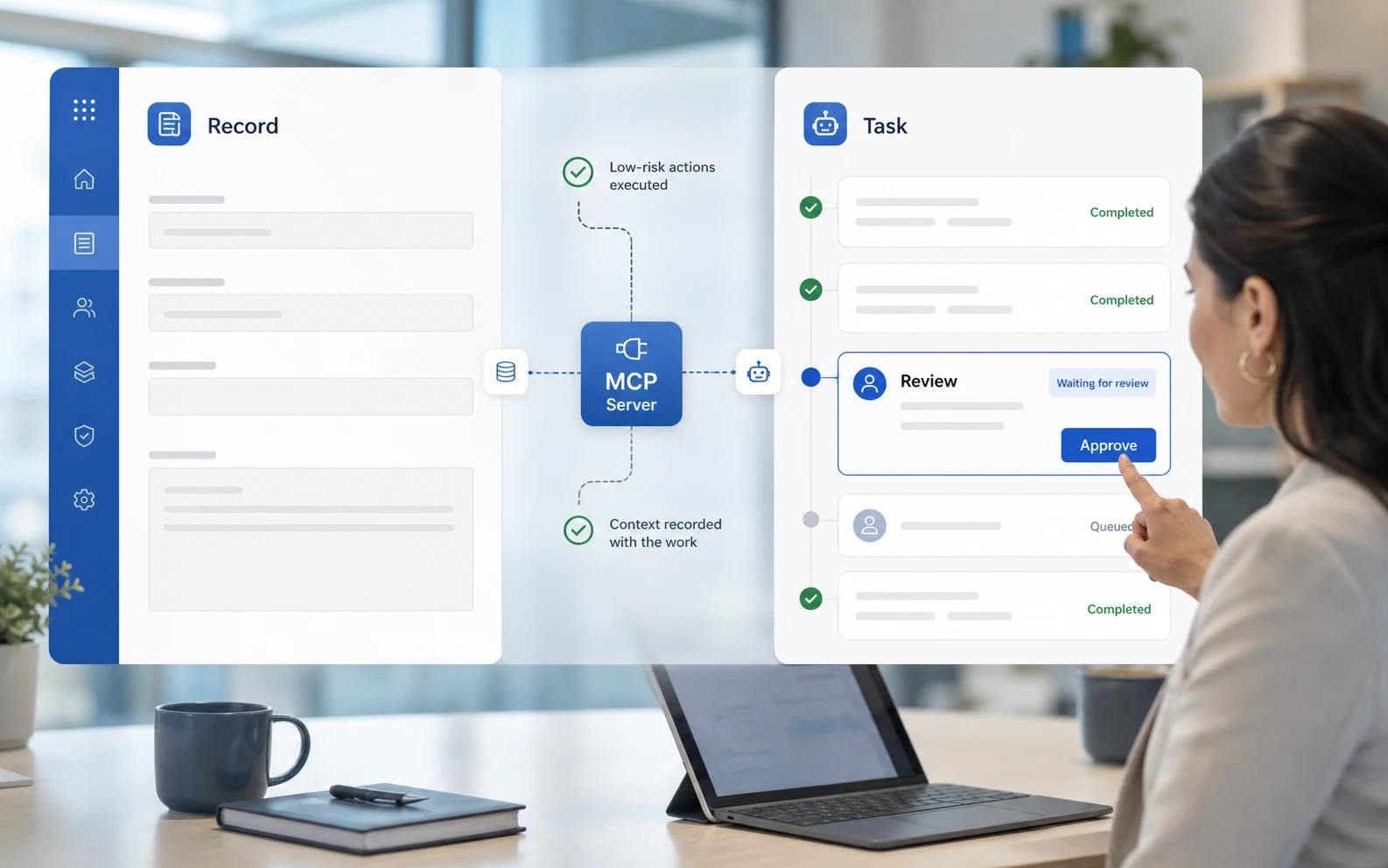 Power Apps 風格的商業紀錄畫面透過 MCP Server 連到 agent task feed，一位使用者正在審核並批准待處理任務
