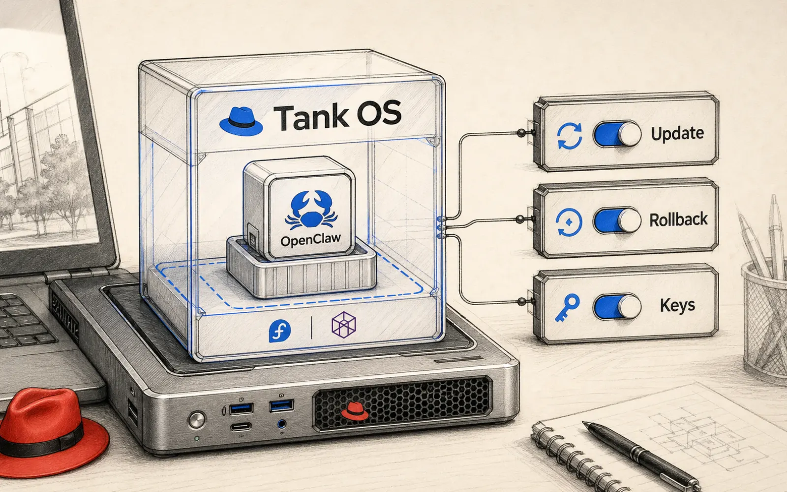 企業筆電上的 Tank OS 容器隔離 OpenClaw 代理人，旁邊標示更新、回滾與憑證控制。