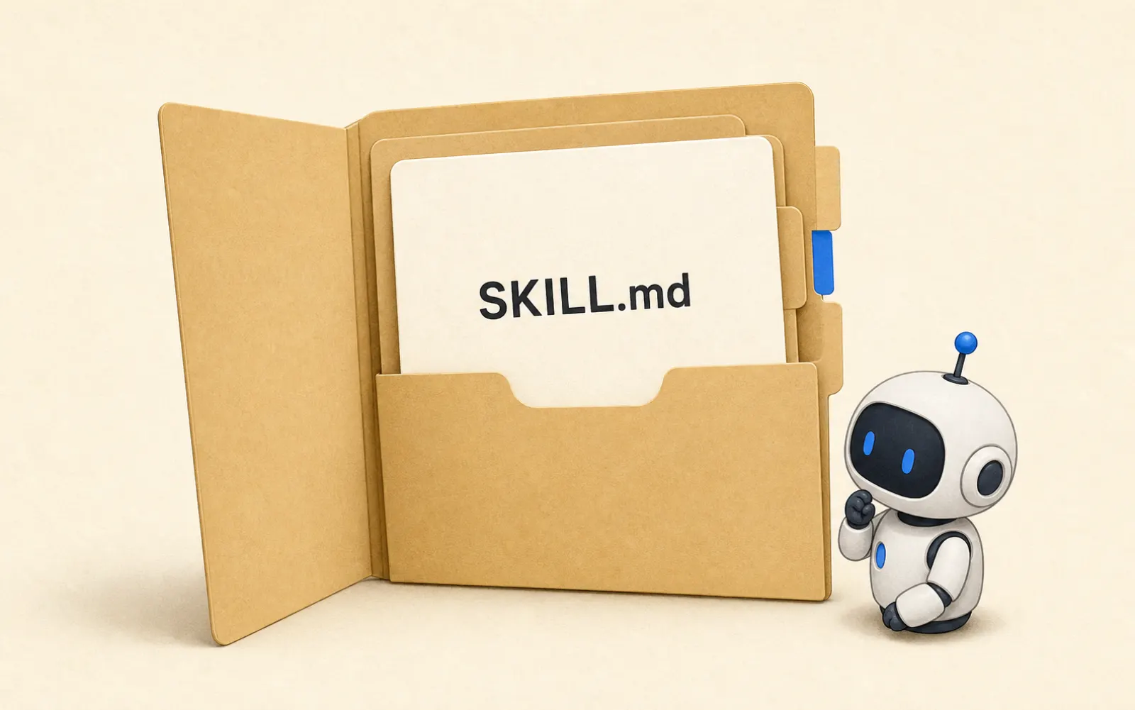 資料夾與 SKILL.md 檔案結構示意，象徵教 AI agent 工作流程的入職手冊 (placeholder)