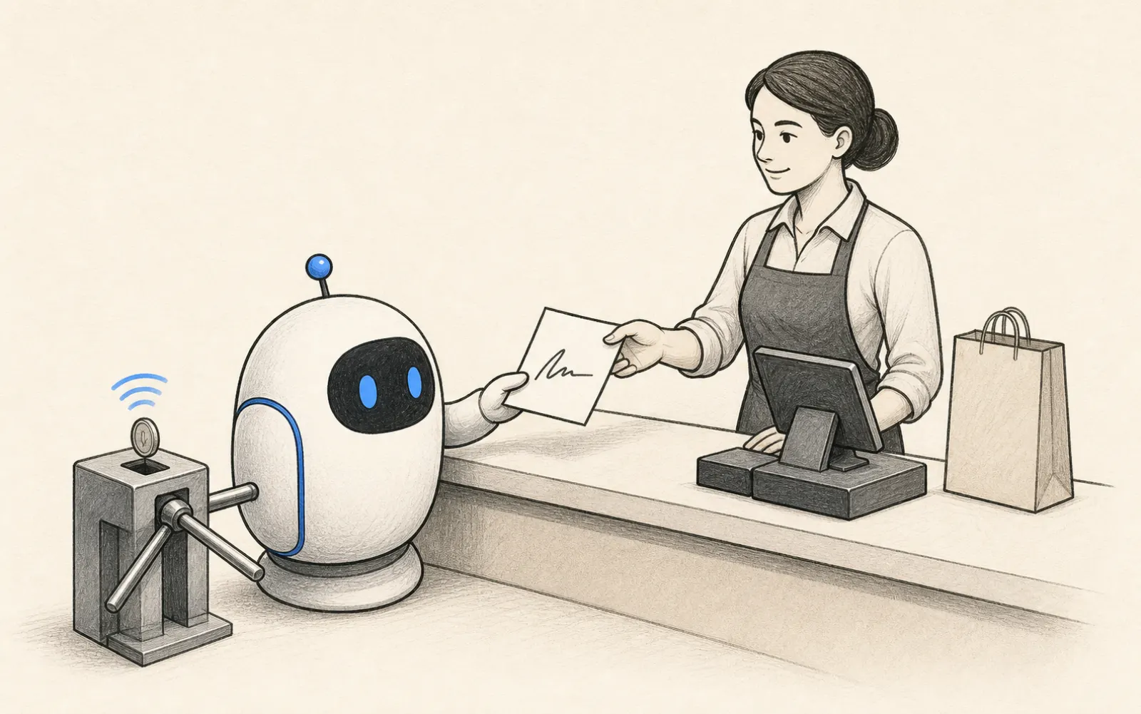 AI 代理拿著簽名委託書在結帳櫃檯付款，旁邊有投幣式小額付款通道 (placeholder)