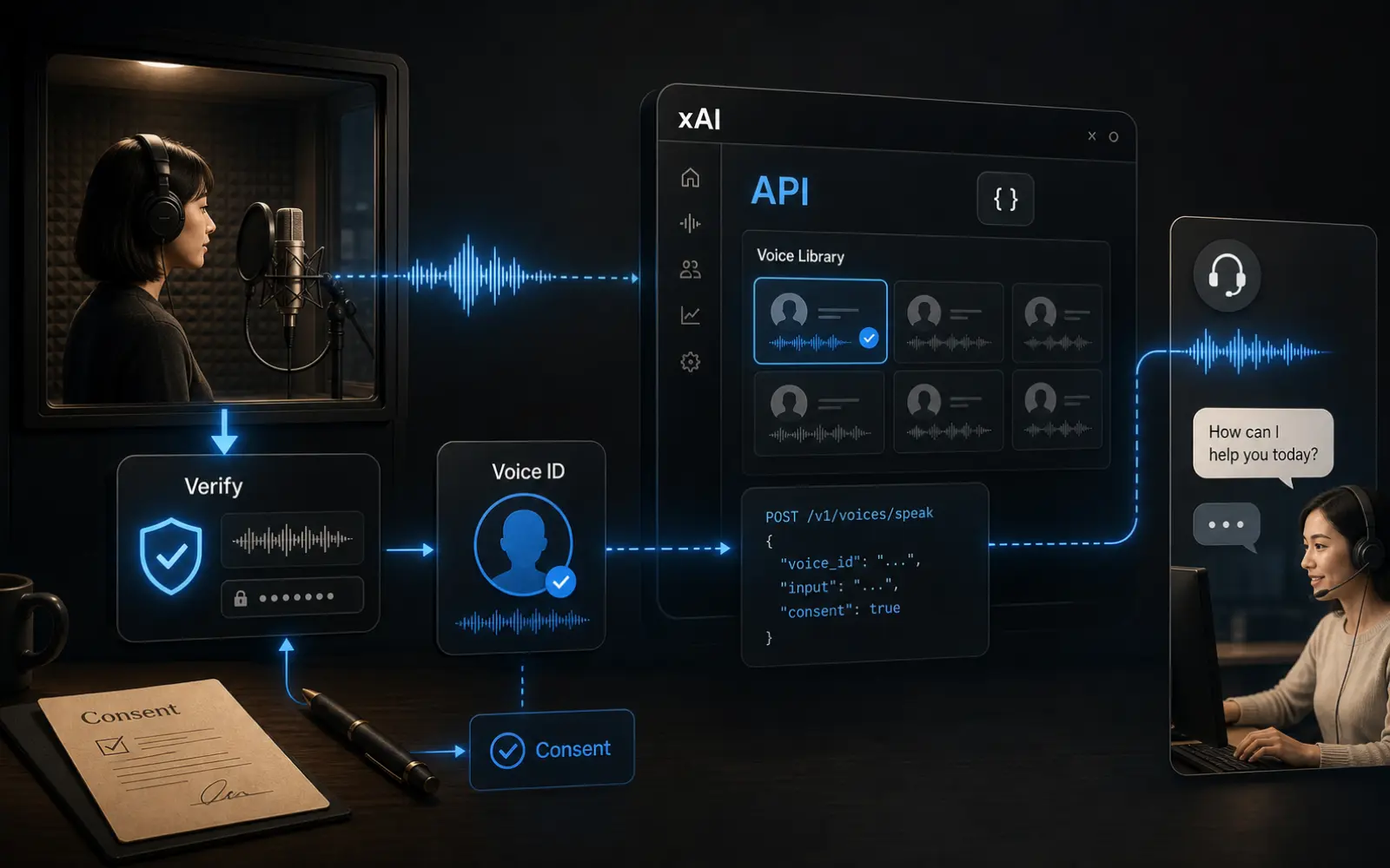 一個聲音錄製、驗證、Voice ID 和 API 呼叫流程，旁邊有 consent 檢查與客服 voice agent