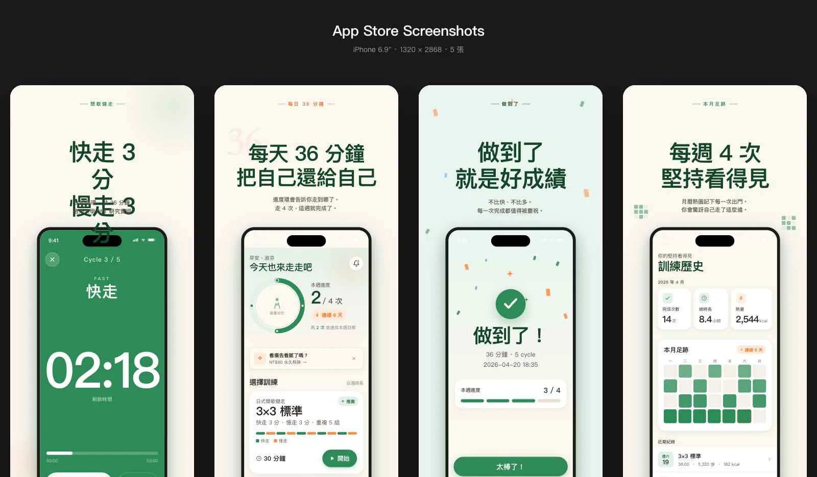 間歇健走的 App Store 上架截圖:計時、首頁、完成畫面與訓練歷史